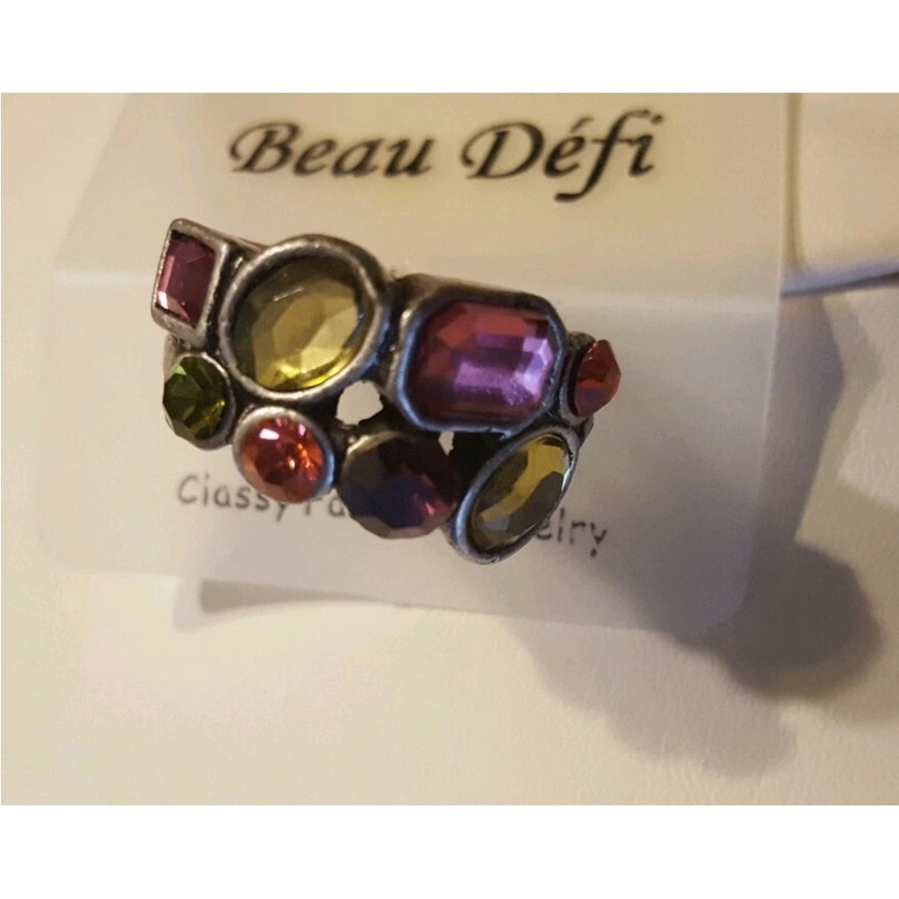 BEAU DEFI multi color crystal gemstone gunmetal ring new